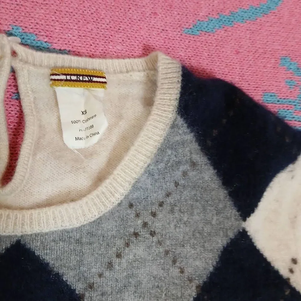 J.crew womens xsmall sweater cashmere argyle preppy cream gray - Picture 6 of 8